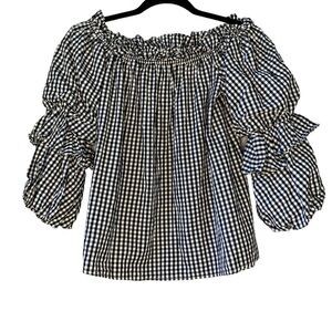 Entro black‎ and white gingham off shoulder puff sleeve popover blouse. Size M